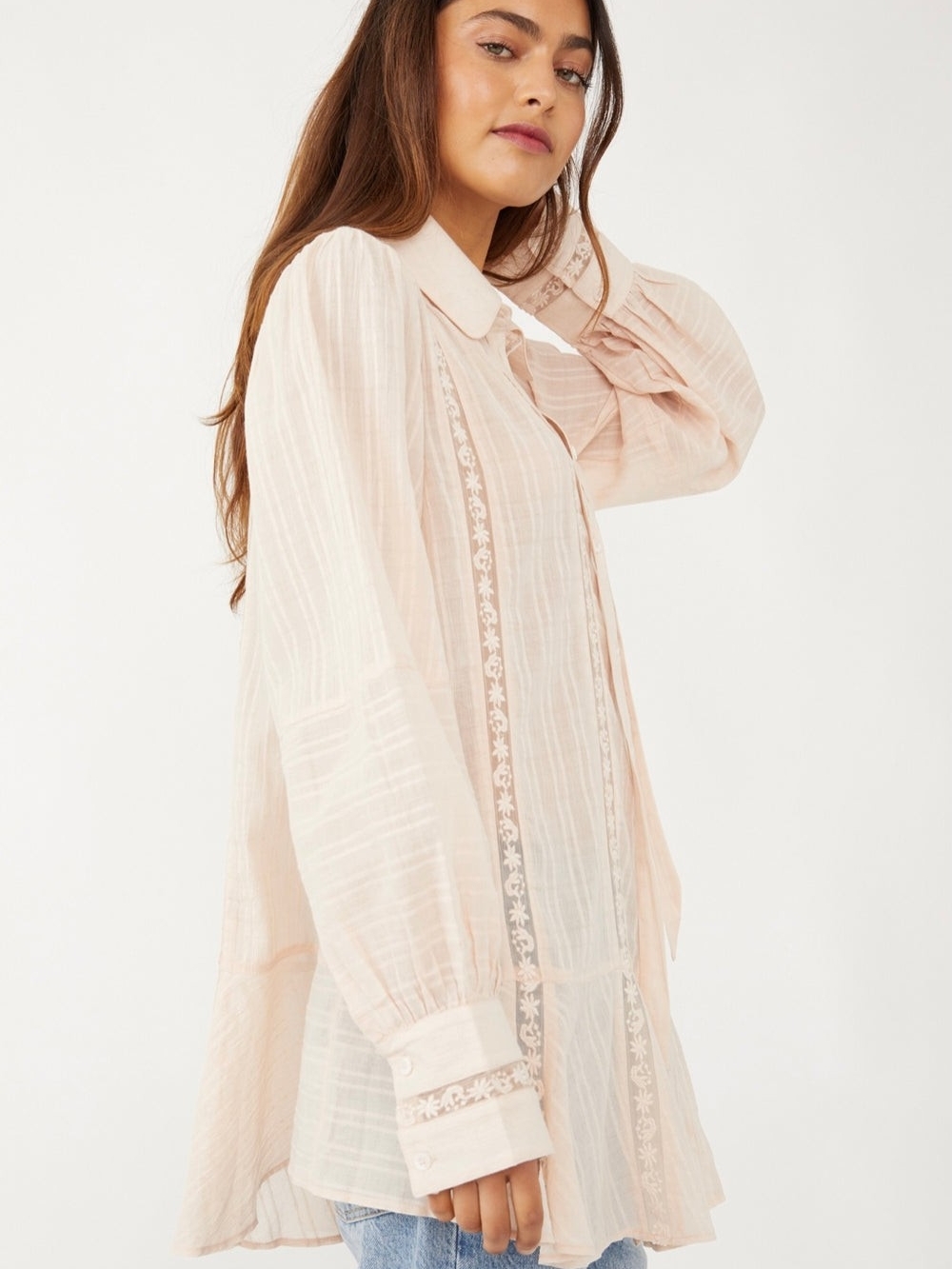 Free People Sheer Button-Up Lace Trim Tunic Blouse - Soft Blush Size L